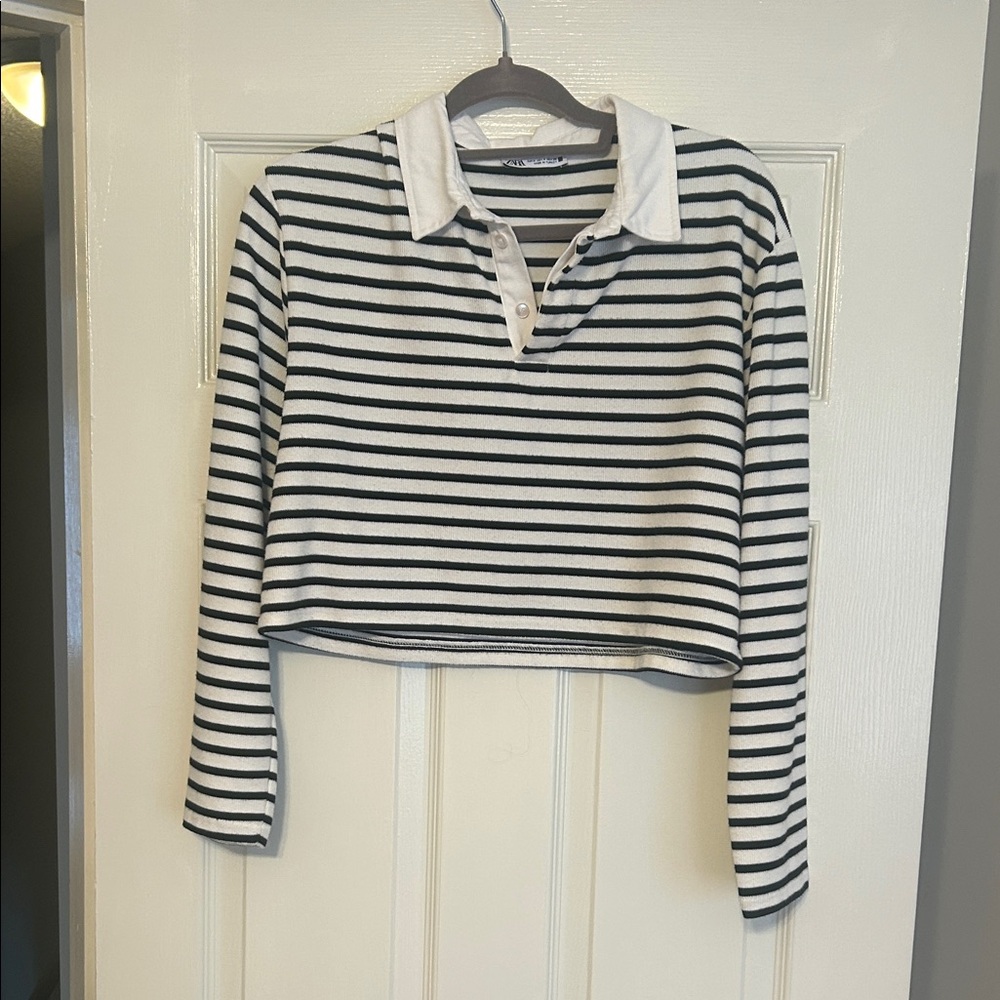 Zara Striped Long Sleeve Polo  Crop Top